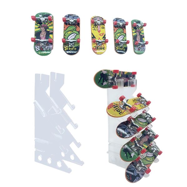 ishenkea Finger Skateboards for Kids Set，5 Piece Mini Skateboards for Fingers with 1 Piece Acrylic Fingerboard Display Rack