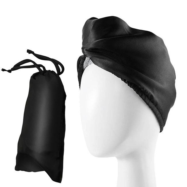 NFliving Satin Microfiber Hair Towel Wrap Set - Ultra Absorbent Satin Microfiber Hair Towel with Matching Satin Travel Bag - Ideal for Luxurious Hair Care (Black)