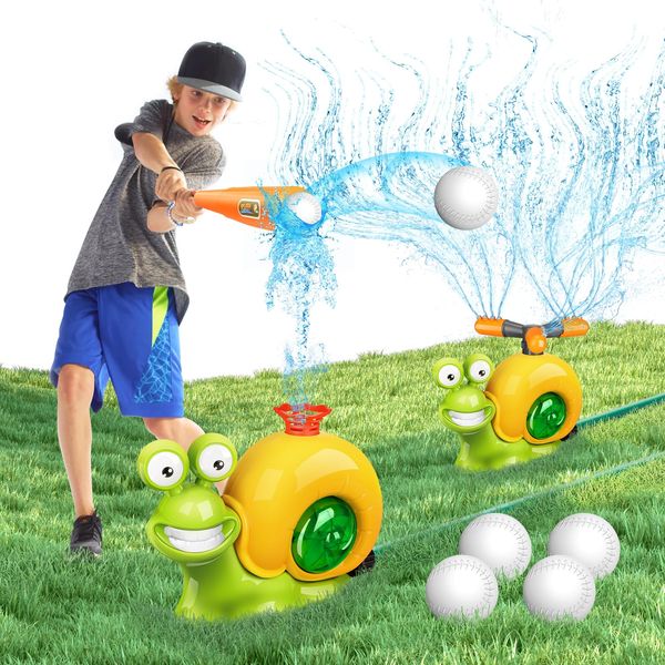 Water Sprinkler Baseball Toy for Kids，2 in 1 Snail Summer Water Game with 2 Sprinkler Heads, 360° Roating Spray Water Baseball Backyard Spinning for Boys Girls