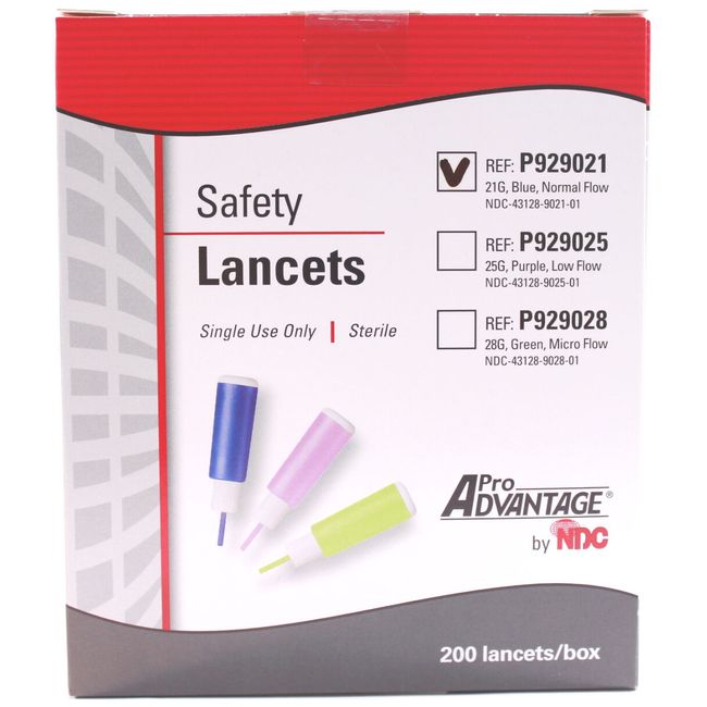 Pro Advantage Safety Lancets - 21G Normal Flow - Box of 200