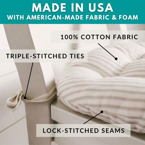 Barnett Home Decor Ticking Stripe Blue Dining Chair Pad with Ties - Standard Size 17 Chair Cushion - Latex Foam Fill - Machine Washable, Reversible, Solid Color, 100% Cotton, Made in USA (Navy)