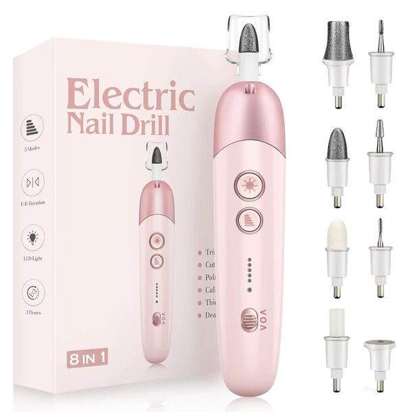 Electric Nail Drill Machine, 8 in 1 Professional Cordless Electric Nail File Kit with LED Light, Professional Manicure and Pedicure Kit for Calluses Nail Polishing Grinder Sander Trimmer with 5 Speeds