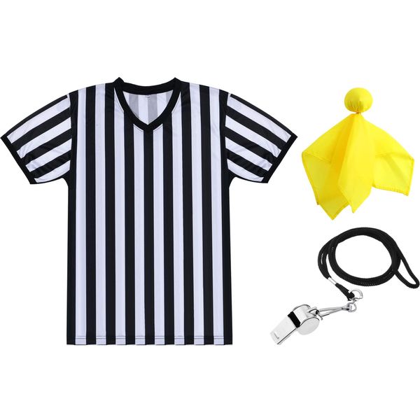 SATINIOR Men's Official Uniform Black and White Stripe Pro-Style Neck Referee Shirt, Officiating Umpire Jersey and Stainless Steel Whistle with Lanyard for Basketball Football Soccer (L)