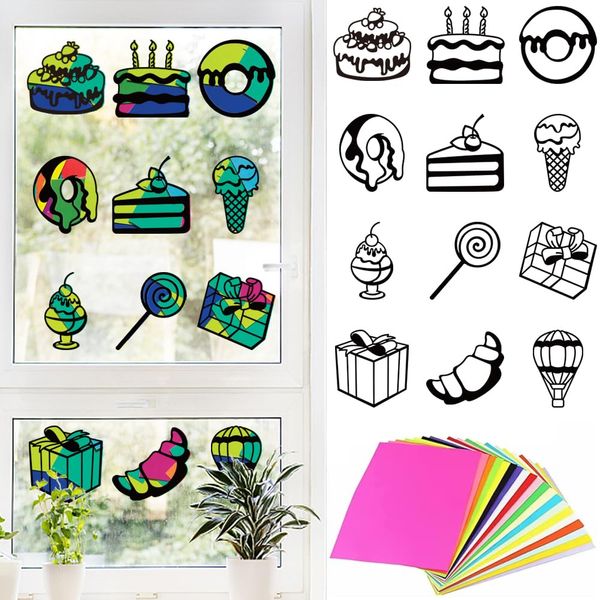 PLIGREAT 12 Pieces Dessert Suncatchers Craft Kit Window Glass Art Kit DIY Cake Donut Suncatcher Tissue Paper Craft for Classroom Window Art Party Favor Kindergarten Creative Art Handmade Craft Making