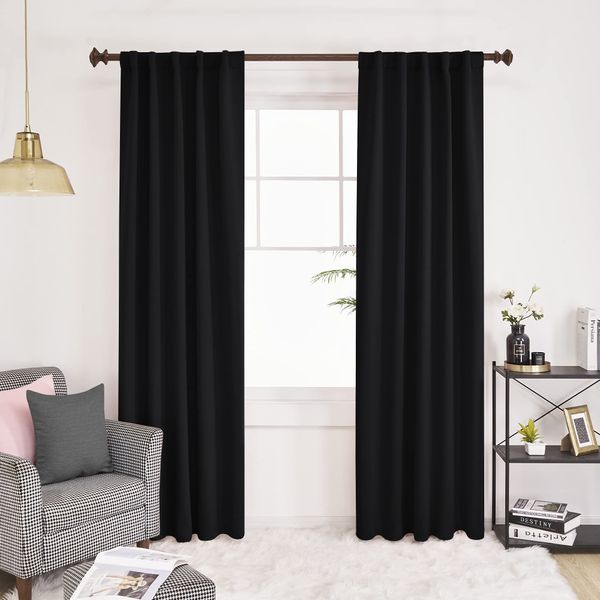 Deconovo Back Tab and Rod Pocket Blackout Curtains for Living Room - (42x84 Inch, Black, 2 Panels), Thermal Insulated Light Blocking Curtains