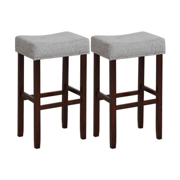 2 Set of 29 Inch Height Upholstered Bar Stool with Solid Rubber Wood Legs and Footrest-Gray