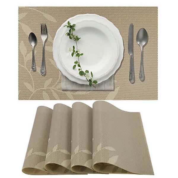 4 Pcs Leaves Pattern Placemats PVC PET Place Mats for Kitchen Table Brown