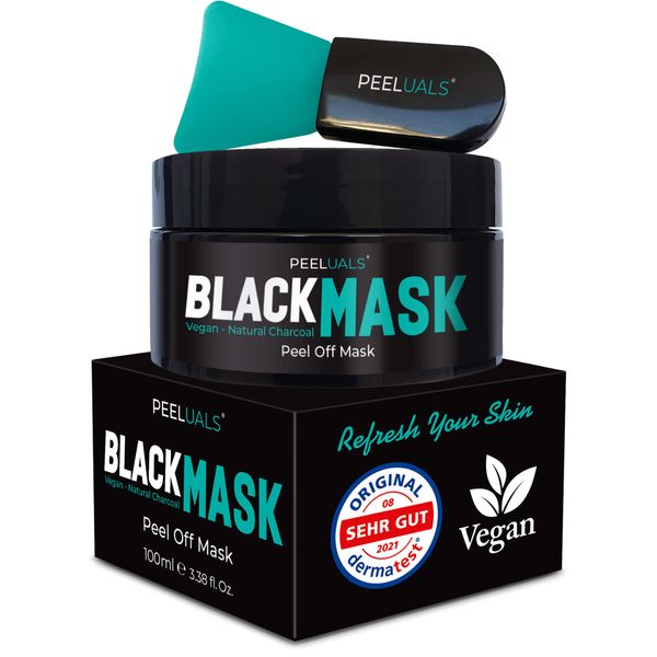 EINFÜHRUNGSANGEBOT - PEELUALS® Black Mask gegen Mitesser | Blackhead Peel-Off Maske + Maskenpinsel | Maske zum Abziehen | Hochdosierte Aktivkohle | For Women & Men- 100ml | Vegan