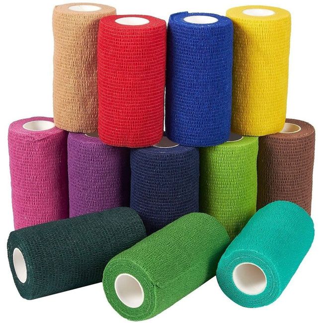 12 Rolls Self Adhesive Bandage Wrap, 4 In Wide Cohesive Tape, 12 Colors, 5 Yards