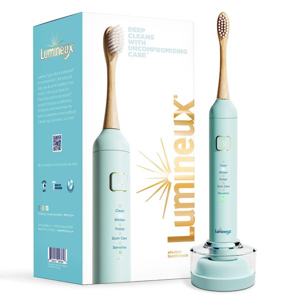 Lumineux Rechargeable Electric Toothbrush for Adults in Crystalline Blue - Includes 2 Super Soft Bristle Tooth Brush Heads Made with Bamboo, Induction Charging Station & USB Charge Cord (Starter Pack)