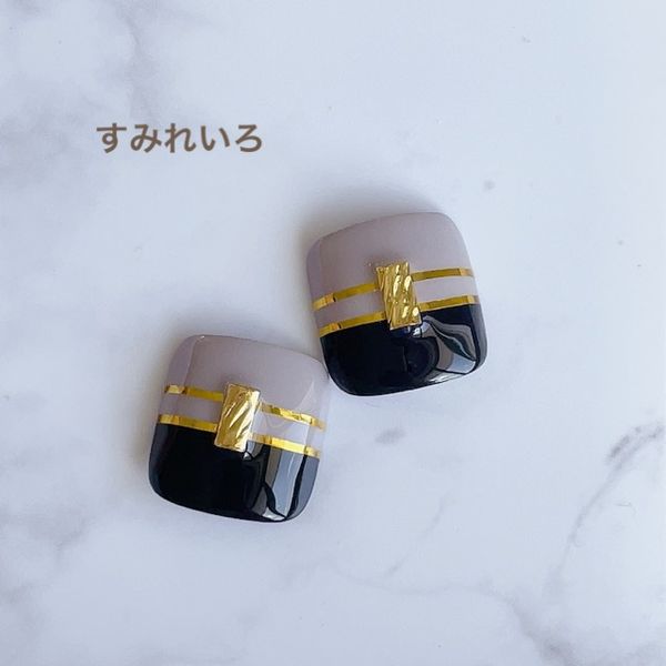 Pedi tip (you can choose the size!) Sparkling summer nails for the beach or traveling ☆ Great for yukata or fireworks festivals ☆<br> ●Black gray gold line