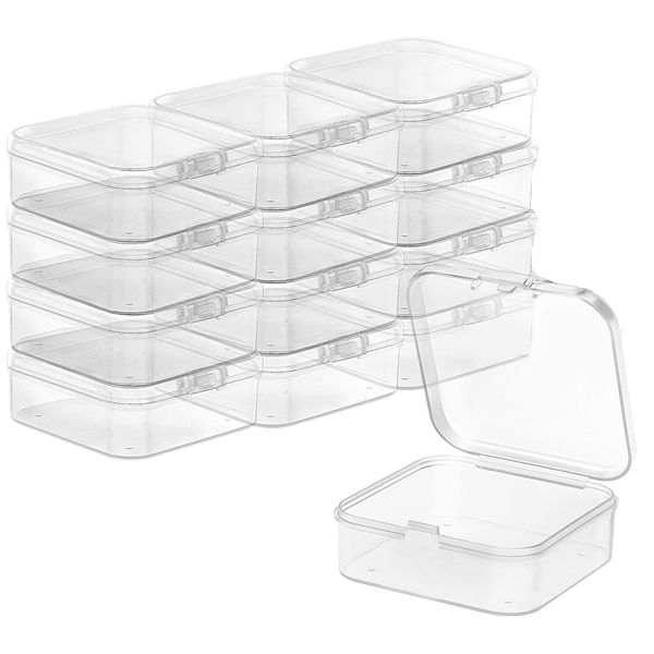 TRUEIN 12 Small Plastic Boxes with Lids, Mini Clear Bead Storage Containers, Square Box Case with Hinged Lid, 2.36 X 2.36 X 0.79 Inch, Box Case Organizers for Pills, Beads, Jewellery, Craft Items