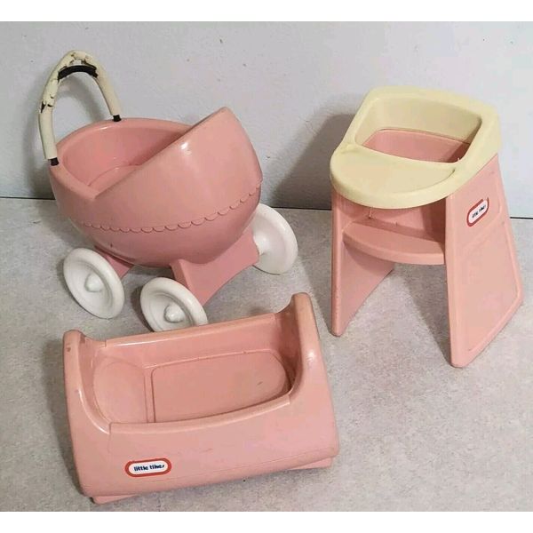 Vintage LITTLE TIKES Place Dollhouse Baby Nursery Set Cradle Highchair Stroller