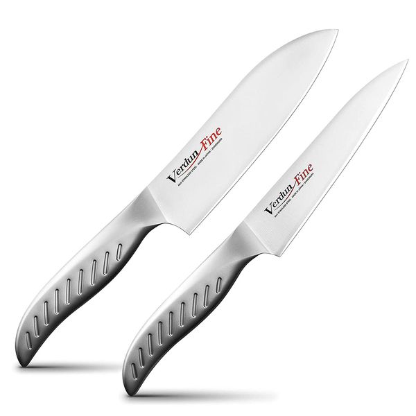 Shimomura Industry VCN-2A Fine Santoku Knife 6.3 inches (160 mm) / Petty Knife 5.1 inches (130 mm) / Knife Set of 2, Molybdenum, Vanadium Steel, Dishwasher Safe, All Stainless Steel, Fruit Knife, Made in Niigata, Tsubamesanjo