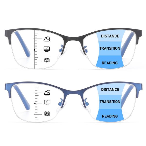 SOVCOD 2 Pack Progressive Multifocus Reading Glasses Women Blue Light Blocking Spring Hinge Readers Metal Computer Eyeglasses (Black & Blue, 2, x)