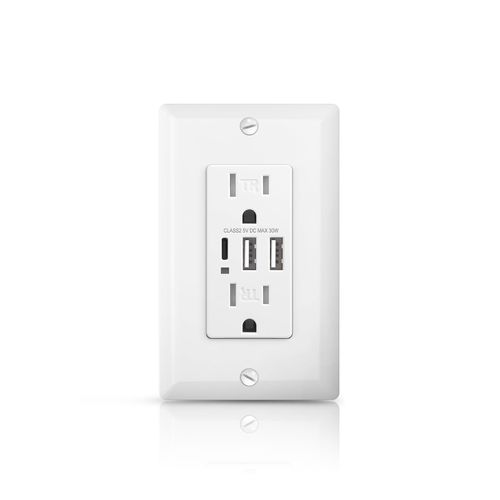 ALASTECH USB Outlet with 3 USB Ports, 30W 6Amp USB C Wall Outlets Receptacles, 15A Tamper Resistant Receptacle with 2 USB Type A & 1 Type C Port, UL & FCC Listed, White