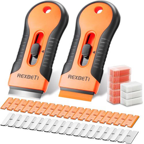 REXBETI Razor Blade Scraper Tool, 2 Pack Razor Scraper Set with Extra 30Pcs Metal and 50Pcs Plastic Blades, Cleaning Scraper Tool, Cooktop, Paint, Glass Scraper