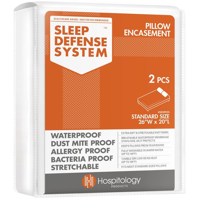 HOSPITOLOGY PRODUCTS Pillow Encasement- Zippered Bed Bug Dust Mite Proof Hypoallergenic - Sleep Defense System - Standard - Waterproof - Set of 2-20" H x 26" W