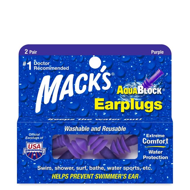 Mack's AquaBlock Swimming Earplugs - Comfortable, Waterproof, Reusable Silicone Ear Plugs for Swimming, Snorkeling, Showering, Surfing and Bathing