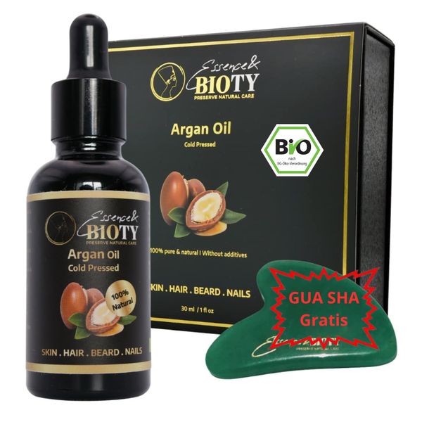 Arganöl Bio, Natürliche 100% Rein & kaltgepresst, reduziert Zellschäden, lindert Hauterkrankungen, verbessert den Haarzustand. 30 ml. Geschenk: Jade Gua Sha für Gesichtsmassage