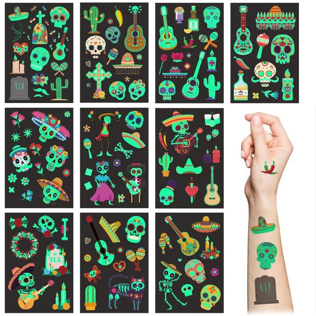 Day of the Dead Temporary Tattoos for Kids,10 Sheets Mexican Fiesta Glow in The Dark Tattoo Sticker,Sugar Skull Skeleton Cactus Tattoo Set for Girls Boys Halloween Cinco De Mayo Party Supplies