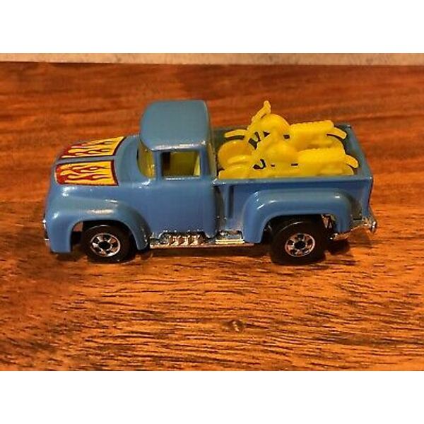 Vintage 1973 Hot Wheels Diecast Blue '56 Ford Pickup Truck with Motorcycles