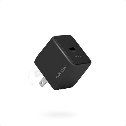 iHome 30W GaN Universal Charger, USB C Block with Power Delivery, Folding Prongs, Travel Friendly, Compact for Phone, Tablet, and USB-C Devices (Black)