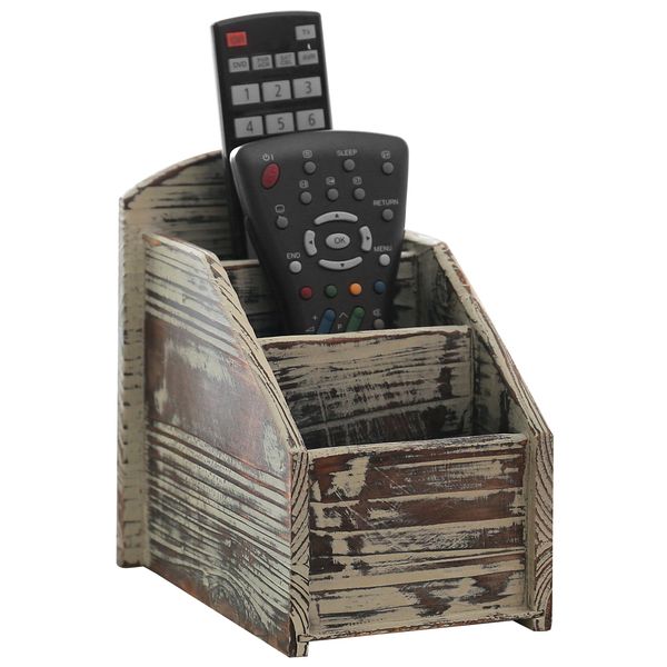 MyGift Rustic Torched Wood Remote Control Holder for Table with 3 Compartments, Living Room TV Media Organizer