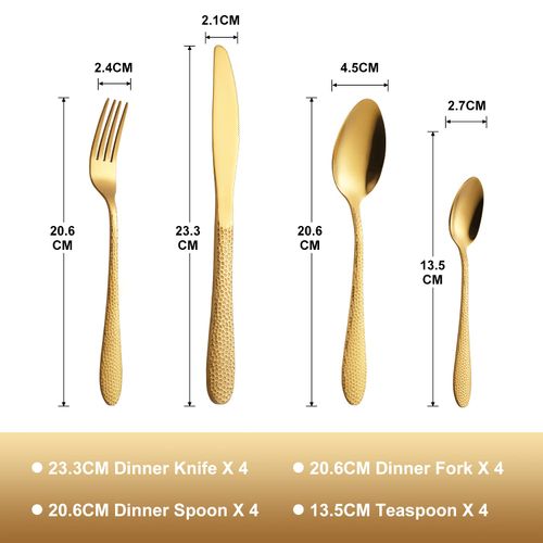 Cutlery Sets for 4, Premium Stainless Steel Knife and Fork Sets, Flatware Set for Home, Party, Restaurant, Hammered Pattern Design & Dishwasher-Safe (Gold x 16pcs)