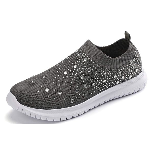 Women's Mesh Walking Shoes Rhinestone Glitter Slip On Ballroom Jazz Latin Dance Sock Sneakers Gray 5