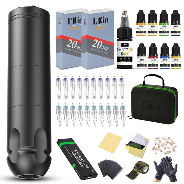 INKin Tattoo Maschine Set, Ultra-One Kabelloser Tattoo Set anfänger mit 1500mAh Akku Stromversorgung, 3.5 Hublänge Rotations Tattoo Pen mit 40 Stück Tattoo Nadeln Set und Tattoo ink für Künstler