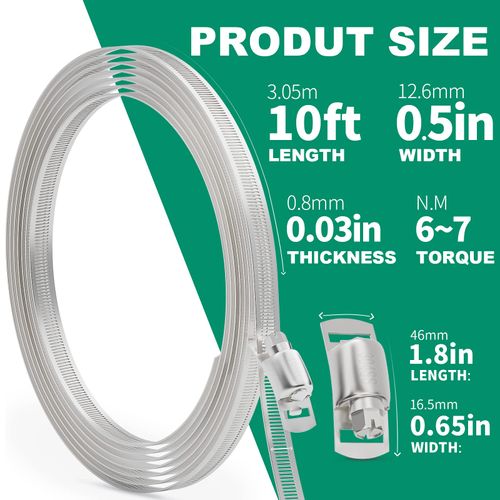 OURU 10FT Stainless Steel Hose Clamp Assortment Kit,DIY Metal Straps+8PCS Fasteners Adjustable Large Hose Clamps,Worm Gear Band Hose Clamps Screw Pipe Clamp for Duct,Tube and Fuel Line