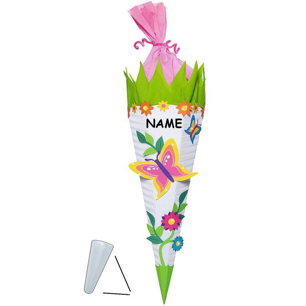 alles-meine.de GmbH BASTELSET Schultüte - Blumen & Schmetterlinge - 85 cm - incl. Namen - Schultütenbastelset - mit/ohne Kunststoff Spitze - Zuckertüte zum selber Basteln - 6 e..
