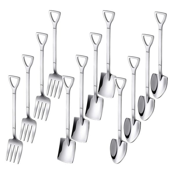 OT-NVWOZR Set of 12 Stainless Steel Spade Spoons, Spoons, Fork Set, Creative Dessert Spoons, Coffee Spoons, Ice Dessert Spoons, Cake Forks, Shovel-Shaped Mixing Tools, Espresso Spoons for Party