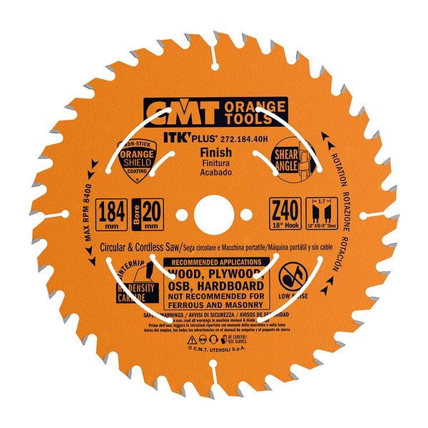 CMT 272.184.40H ITK Plus Finish Saw Blade HW 187X1.7X20(+16+15.87) Z=40 ATB+Shear