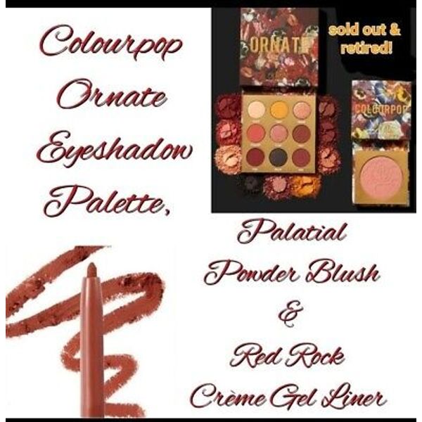 Colourpop Ornate Eyeshadow Palette, Palatial Blush & Red Rock Gel Eyeliner