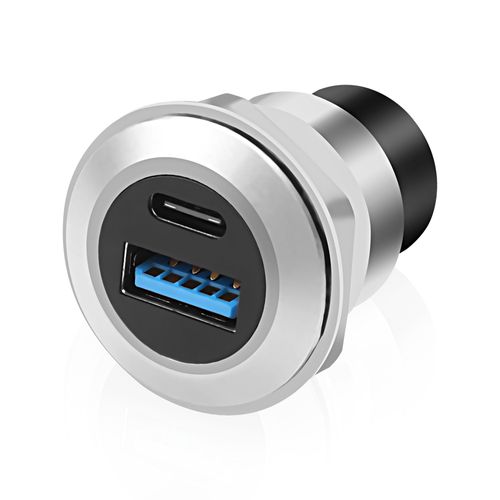 XMSJSIY USB 3.0 Type-C Panel Threaded Fixed Mount Coupler Adapter USB A/Type C 20V 3A 60W Female to Female with Anti-loosening Gasket Chassis Panel Mount Socket Connector Data Transfer (Round)