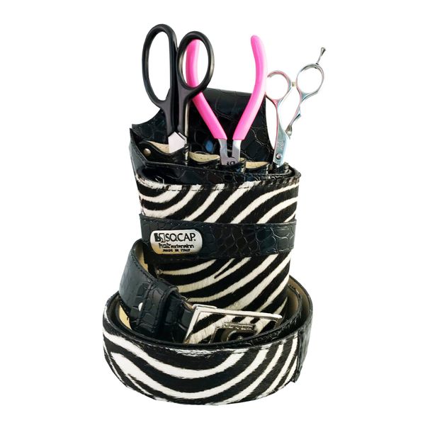 Hairdressing Tool Belt, (Zebra Pattern With Black Belt) MADE IN ITALY Genuine Leather Professional Barber & Salon Holster