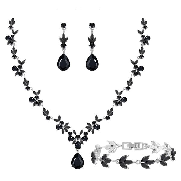 Paxuan Bridal Wedding Elegant Floral Jewelry Set for Women/Brides/Bridesmaids Crystal Jewelry Set for Wedding Prom Party Bridal Crystal Necklace Earrings Bracelet Set (Black (Silver))