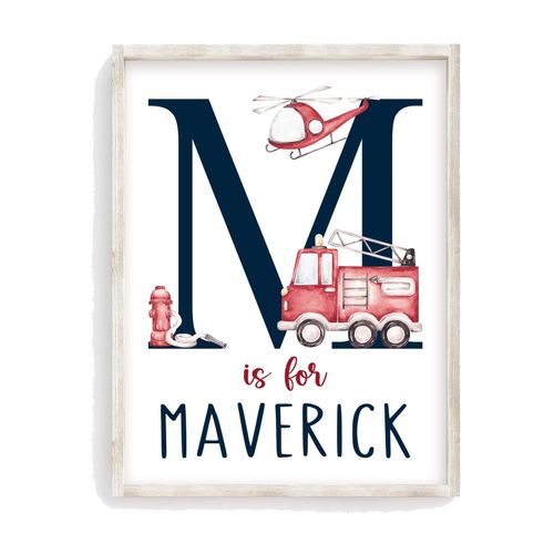 Personalized Baby Name Watercolor Firetruck Nursery Baby Boy Rescue Fire Engine Nursery Decor Unframed Print