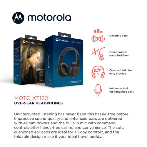 Motorola Sound Moto XT120 Over Ear Headphones Wired with Microphone, in-Line Command Control for Calls - Foldable Wired Headphones with Adjustable Cushioned Headband, Dynamic Bass, 3.5mm Jack - Black