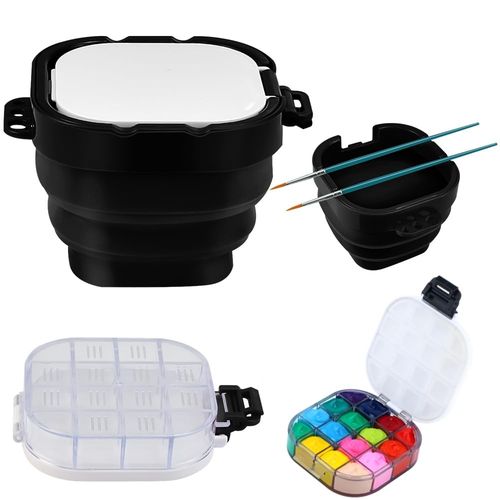 OKUYAN Paint Palette Box with Foldable Paint Brush Washer Portable 16 Wells Airtight Paint Saver Multifunctional Travel Paint Palette Box with Lid for Watercolor Oil Painting Acrylic Gouache (Black)