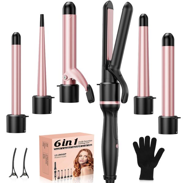 Wand Curling Iron Set, SEIPIKOL 6 in 1 Hair Straightener and Curler, 3/4 to 1 1/2 inch Ceramic Barrel Hair Curlers, Auto Off, Dual Voltage Hair Styling Hot Tools, Curling Wave Wand with Flat Iron