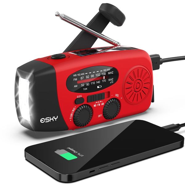 Esky Emergency Hand Crank Radio with 3 LED Flashlight, AM/FM/NOAA Portable Weather Radio with 2000mAh Power Bank Phone Charger, Solar Powered Rechargeable Radio for Indoor Survival Camping, SOS Alarm