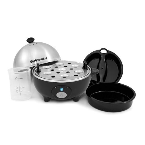 Elite Gourmet EGC-508 Rapid Egg Cooker, 7 Easy-To-Peel, Hard, Medium, Soft Boiled Eggs, Poacher, Omelet Maker, Auto Shut-Off, Alarm, 16-Recipe Booklet, Stainless Steel