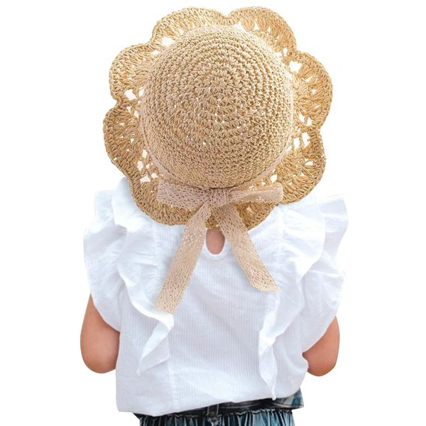 Winmany Baby Girl Straw Hat Toddler Summer Sun Cap with Bow Foldable Beach Sun Protection Hats for 2-6 Years Beige