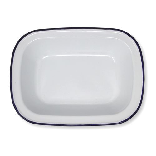 White 20cm Long Oval Enamel Pie Dish with Navy Blue Edging | Tableware | Metal Outdoor Camping Roasting Oven Dishes | Traditional Classic Style