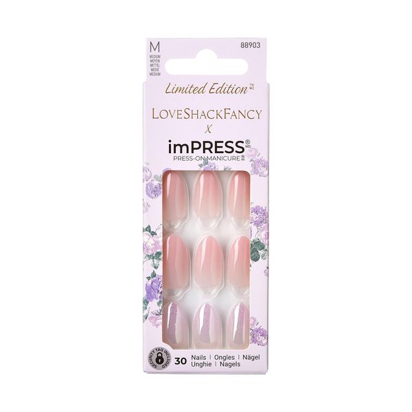 KISS LoveShackFancy x imPRESS Press-On Manicure Limited Edition, Style "Blushing Lavender" Medium Almond Pink Press-On Nails, Includes Prep Pad, Mini Nail File, Cuticle Stick, & 30 Fake Nails