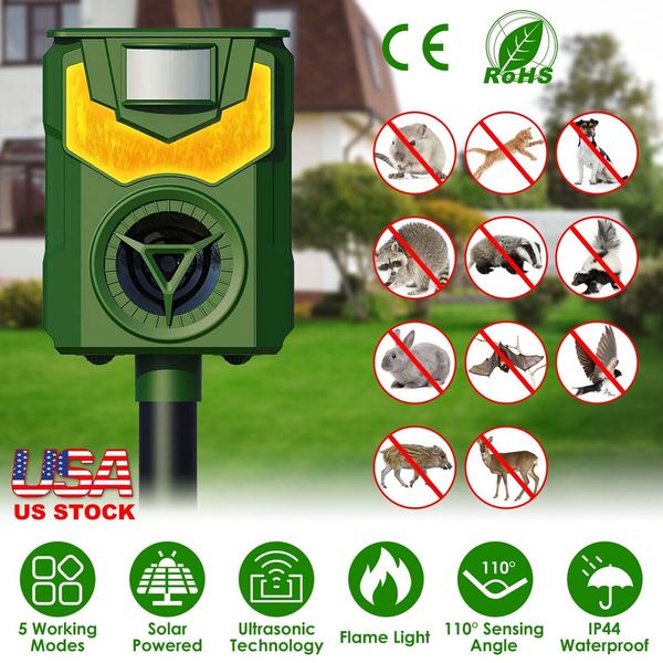 Solar Ultrasonic Animal Repeller Motion Sensor Repellent Flame Light USB Charge