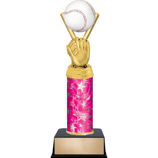 11" Baseball Color Custom Engraved Pink and Silver Star Column Trophy Awards